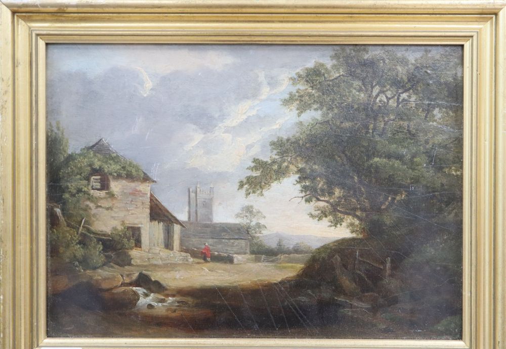19th century English School, oil on panel, Landscape with house and church, 21.5 x 30.5cm